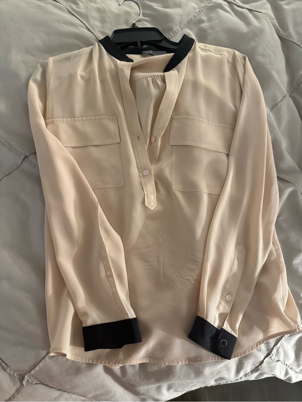 Vince Cream Blouse with Black Contrast Collar and Cuffs